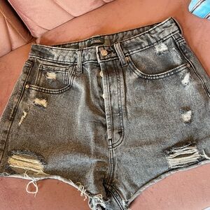 Distressed Black Denim Shorts